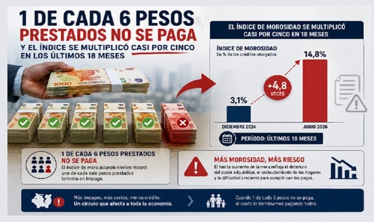 La morosidad sube desde hace 18 meses: 1 de cada 6 pesos prestados no se paga